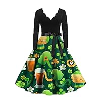 Spring Dresses for Women, Vintage Classic Dress Long Sleeve St. Patrick's Day Print V-Neck Swing Dress Outfits Women Country Concert Simple Dresses Casual Tank Top Dresses (L, Yellow)