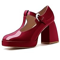 Coutgo Women's T-Strap Platform Mary Janes Square Toe High Chunky Heels Dress Party Pumps Shoes