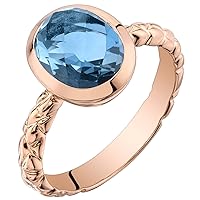 PEORA London Blue Topaz Solitaire Ring for Women 14K Rose Gold, Genuine Gemstone Birthstone, 3 Carats Oval Shape 9x7mm, Comfort Fit, Sizes 5 to 9