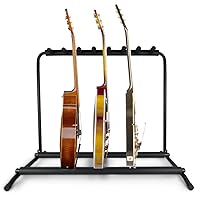 Pyle Multi Guitar Stand 7 Holder Foldable Universal Display Rack - Portable Black Guitar Holder With No slip Rubber Padding for Classical Acoustic, Electric, Bass Guitar and Guitar Bag / Case - PGST43