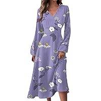 Tunic Dresses for Women Floral Print Fashion Pretty Classic Slim Fit with Long Sleeve V Neck Flowy Spring Dress