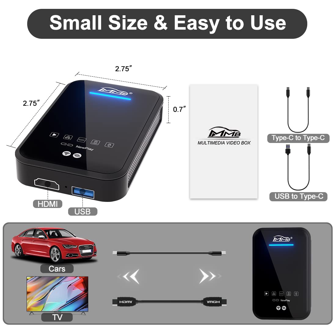 MMB 3rd CarPlay Wireless Adapter Multimedia Video Box,CarPlay Ai Box with Android 11 System,4+64GB,Wireless Android Auto,HDMI Output,Built-in GPS,Only Support Car with OEM Wired CarPlay