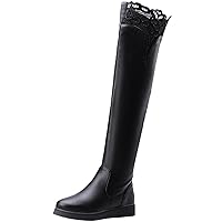 Knee High Boots Women Fall Winter Flat Black Embroidered Lace Warm Over The Knee Boots By BIGTREE