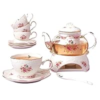 Fine China Flower Series Tea Sets, Tea Cup Saucer Set with Teapot Warmer- Filter and Spoon, 16pcs in 1 set (16pcs set)