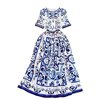Runway Vintage Spring Summer Blue and White Porcelain Print Long Dress Chic Women Round Collar Short Sleeve Boho Dresses