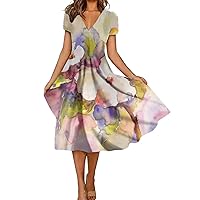Summer Dresses for Women Flowy Elegant Maxi Dress V Neck Floral Print Sundresses Trendy Short Sleeves Beach Dress