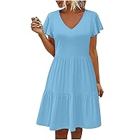 Women's Casual Dress Ruffle Short Sleeve Mini Swing Sundress V Neck Summer T Shirt Dress A-Line Beach Tunic Dresses