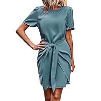 Womens Summer Dresses Ladies Dress Pure Color Crew Neck Short Sleeves Slim Casual Dresses(Blue-A,X-Large)