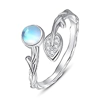 TANGPOET Olive Leaf Moonstone Ring 925 Sterling Silver Open Rings For Women Adjustable Finger Ring Knuckle Jewelry Gifts For Mum Daughter Friends Girls