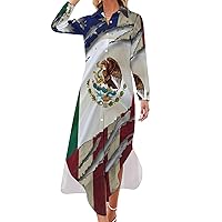 American Flag with Mexican Roots Women's Shirt Dress Long Sleeve Button Down Shirts Dress Casual Loose Maxi Dresses