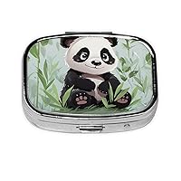 Panda Bamboo Print Pill Box Square Metal Pill Case with 2 Compartment Portable Travel Pillbox Cute Mini Medicine Organizer for Pocket Purse