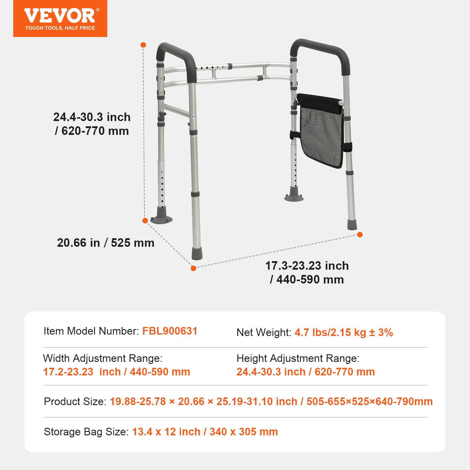 VEVOR Toilet Safety Rail, Folding Toilet Seat Frame, Adjustable Detachable Fit Most Toilets, Heavy 300lbs Capacity Duty Medical Bathroom Toilet Handrails Stand Alone for Handicap, Elderly, Disabled