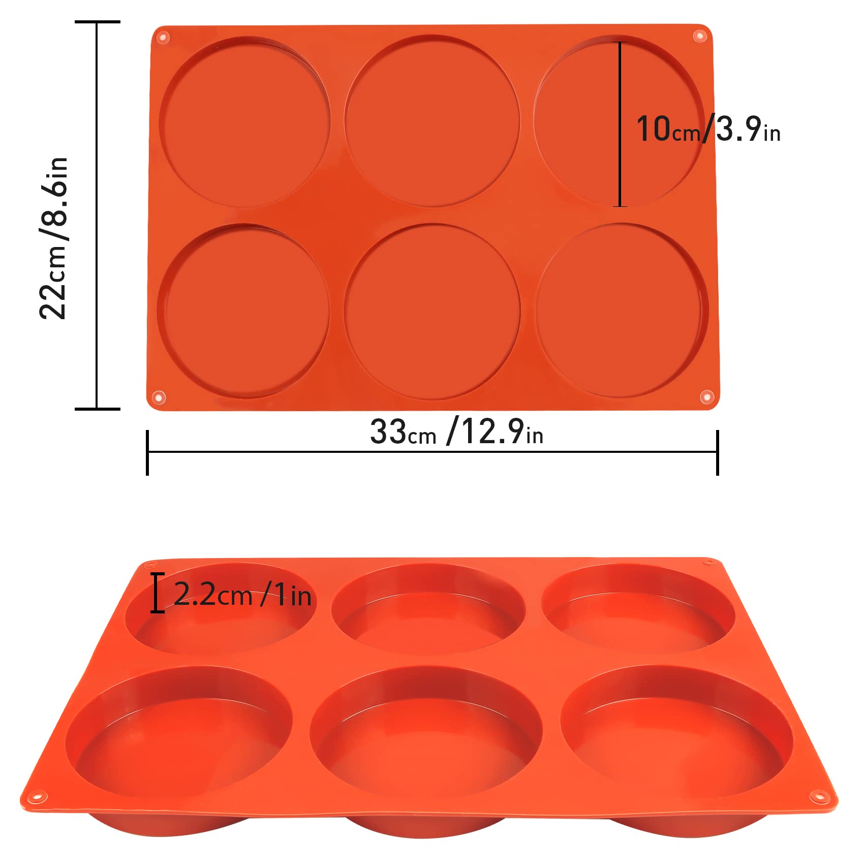 2 Pcs Large Silicone Molds for Baking, 6-Cavity Round Silicone Baking Mold, Non-Stick 4” Baking Disc Molds for Whoopie Pie, Egg Pan,Muffin, Candy, Soap, Hamburger, Resin Coasters (Red)