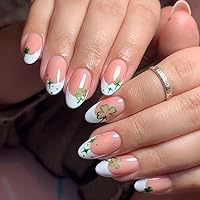 St. Patrick's Day Press on Nails with Glitter Clover Design French Tip Fake Nails Shamrock Full Cover Green Leaf False Nail Glossy Clover Glue on Static Nails for Women Irish National Day DIY Manicure