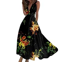 Womens Summer Dresses 2024 Casual Maxi Dress Boho Floral Vintage Dresses Wrap V Neck Flowy Beach Sleeveless Sundress