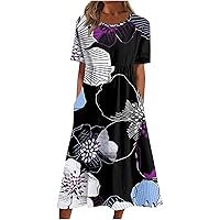 Summer High Waist Short Sleeve Dress for Women Soiree Beautiful Cotton Crew Neck Dresses Pocket Graphic Pullover