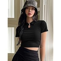 Women's Tops Sexy Tops for Women Shirts Keyhole Neckline Ribbed Knit Tee Shirts for Women (Color : Black, Size : Medium)