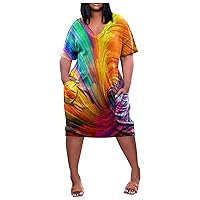 XJYIOEWT Plus Size Birthday Dress,Women Casual Plus Size V Neck Dresses Short Sleeve Knee Printed A Line Swing Midi Dres