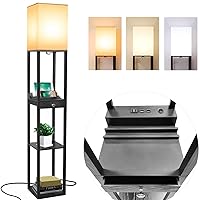 Shelf Floor Lamps for Living Room,Tall Standing Lamp with Shelves and Drawer,2 USB Charging Ports & Power Outlet,Bright 3CCT LED Bulb Included - Black
