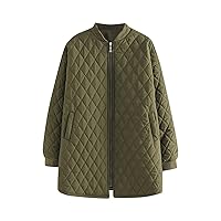 Womens Long Quilted Jacket Full Zip Up Crewneck Thicken Warm Padded Coats Plus Size Casual Winter Outerwear