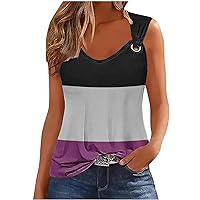 Womens Color Block Tank Tops 2024 Fashion Metal Round Neck Tee Shirts Sleeveless Summer Casual Camisole Cute Blouse