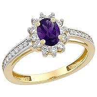 PIERA 14K Yellow Gold Natural Amethyst Flower Halo Ring Oval 6x4mm Diamond Accents, sizes 5-10