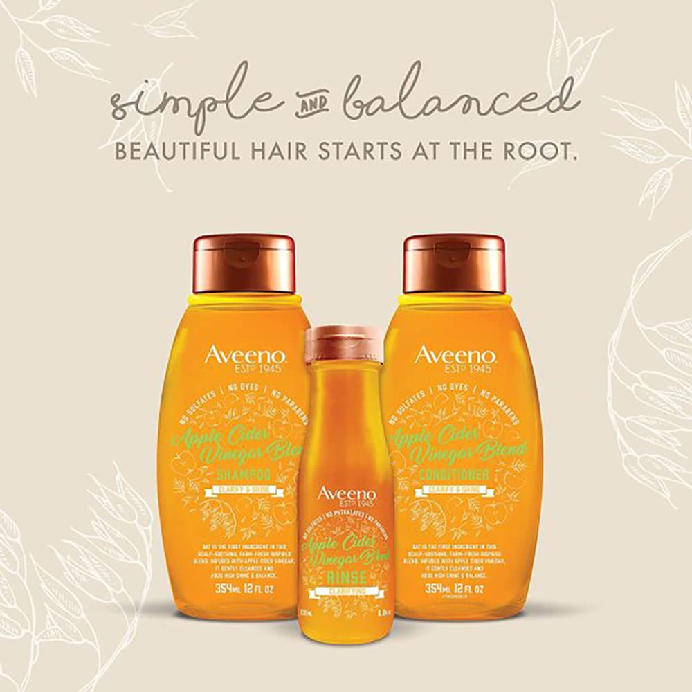 Aveeno Apple Cider Vinegar Shampoo + Conditioner for Balance & High Shine, Daily Clarifying & Soothing Scalp Shampoo for Oily or Dull Hair, Paraben & Dye-Free, 12 Fl Oz