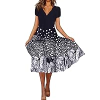 Cute Spring Dresses, 2024 Summer Short Sleeve Midi Dress Casual Boho Floral Print Ruffle Dresses Engagement Photo Short Dress Cotton Shift for Women with Sleeves Dresses (M, Navy)