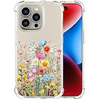 Compatible with iPhone 15 Pro Case for Women Girls Cute Phone Case Clear with Design, Compatible with iPhone 15 Pro Case Transparent,Flowers Herbs Wild Field Florals Plants Grasses Butterfly