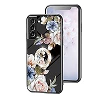 for Samsung Galaxy S23 S22 S21 S20 Ultra Plus FE Glossy Slim Bumper, Exquisite Flowers Tempered Glass Phone case with Bling Rhinestones Finger Ring Holder for Women Girls(Black,S22 Plus)