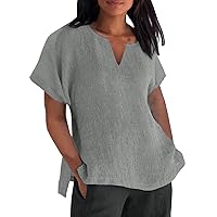 Womens Linen T Shirts Short Sleeve Dressy Loose Casual V Neck Summer Tops Lightweight Trendy Blouses 2024