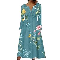Women's 2023 Fall Plus Size Long Sleeve 1/4 Button V Neck Smocked Boho Floral Midi Dress with Pockets
