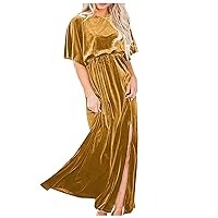 Women's Casual Dresses Fashion Sexy Gold Velvet Round Neck High Split Evening Dress