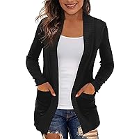 Women's Long Sleeve Cable Knit Cardigan Sweaters Open Front Casual Fall Winter Solid Color Slim Fit Chunky Knit Outwear Coat with Pockets(Black M)
