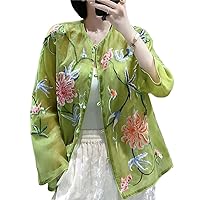 Spring Summer Top Chinese Retro Embroidery Elegant Lady Silk Organza Blouse Female
