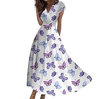 Amazon Deals Floral Dress for Women Butterfly Pattern Fashion Modest Elegant with Short Sleeve V Neck Swing Tunic Dresses Blue 3X-Large