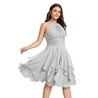Ruffle Pleated Short Bridesmaid Dresses Women's A Line Chiffon Round Neckline Backless Formal Ball Gown with Pockets