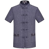 ZooBoo Chinese Short Sleeve Shirt Traditional Tang Suit Linen Embroidered Shirt