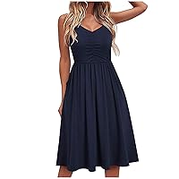Women's Sleeveless Knee Length Solid Color Beach Flowy V-Neck Glamorous Dress Swing Casual Loose-Fitting Summer