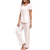Stripe Pajamas Set Women Two-Piece Nightwear Short Sleeve Sleepwear Soft Side Split Loungewear Pjs Sets