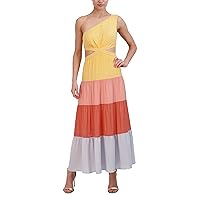 BCBGMAXAZRIA Women's One Shoulder Color Block Maxi Cocktail Dress