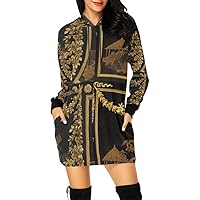Hoodie Mini Dress For Women Streetwear Gold Leafy Flared Baroque Black Dresses