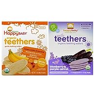 Happy Baby Organic Teethers 2 Flavor Bundle: (1) Sweet Potato & Banana Teething Wafers, and (1) Blueberry & Purple Carrot Teething Wafers, 1.7 Oz