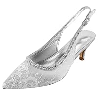 Womens Lace Wedding Sandals Pointed Toe Wedding Dress Party Slingback Kitten Heel Pumps