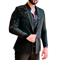 Luxury Men's Suit Black Applique Beaded Jacket + Vest + Pants 3 Piece Formal Wedding Tuxedo Blazer
