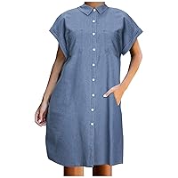 Plus Size Women Classic Short Sleeve T-Shirt Jean Dress Summer Lapel Button Down Midi Thin Denim Dress with Pockets