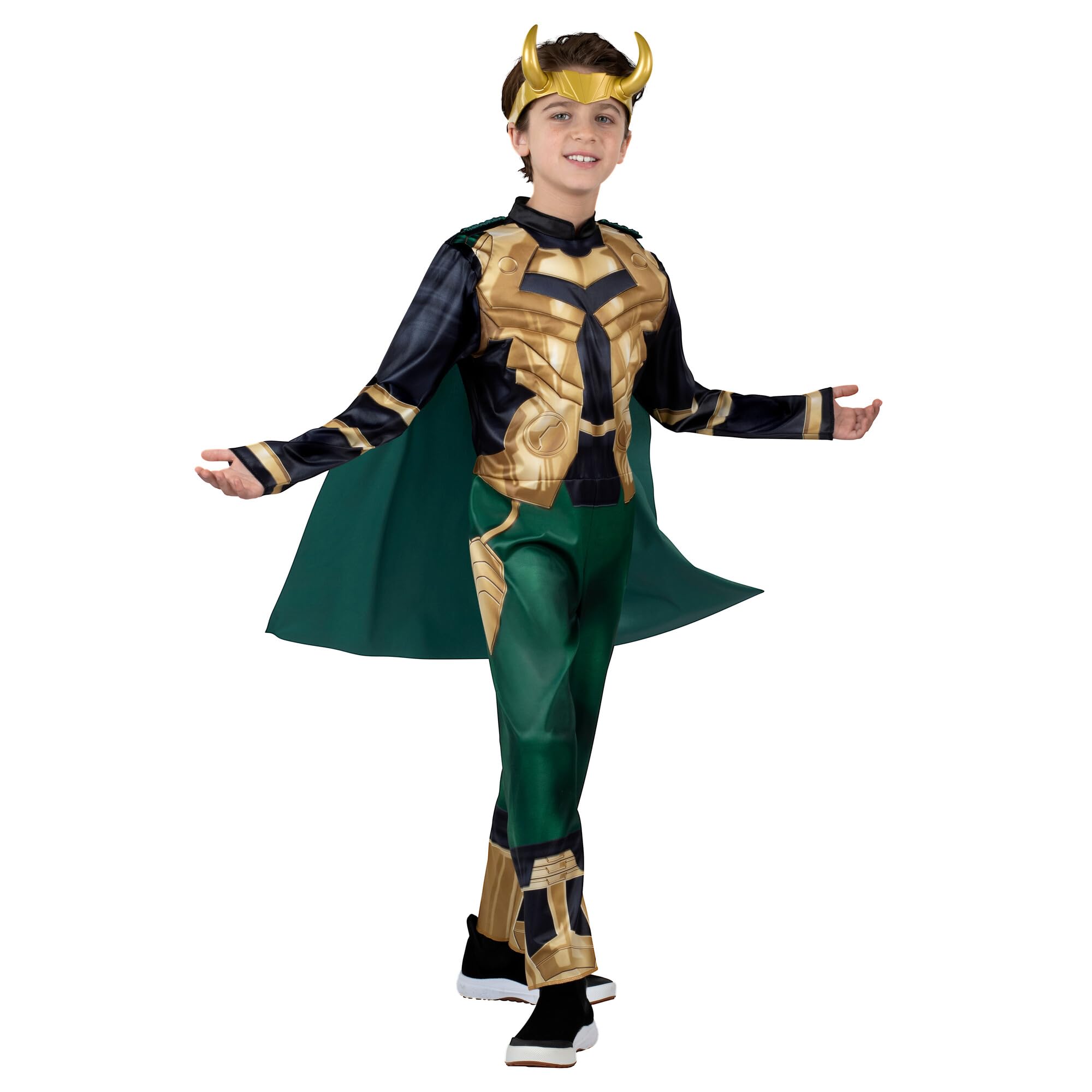 Marvel Loki Official Youth Costume - Padded Jumpsuit with Detachable Cape and Plastic Headpiece