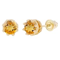 Solid 14K Gold 4mm Round Natural Birthstone Screwback Stud Earrings For Women | 4mm Crown Set Earrings | 14K Gold Natural or Created Gemstone Screwback Earrings For Women and Girls