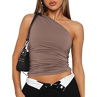 Trendy Queen Womens Summer One Shoulder Tank Tops Sleeveless Going Out Slim Crop Shirts Camis Fashion 2024