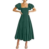 NBXNZWF Short Sleeve Summer Dresses for Women 2024 Elegant Solid Color Square Neck Backless Bubble Sleeve Pleated Maxi Dress